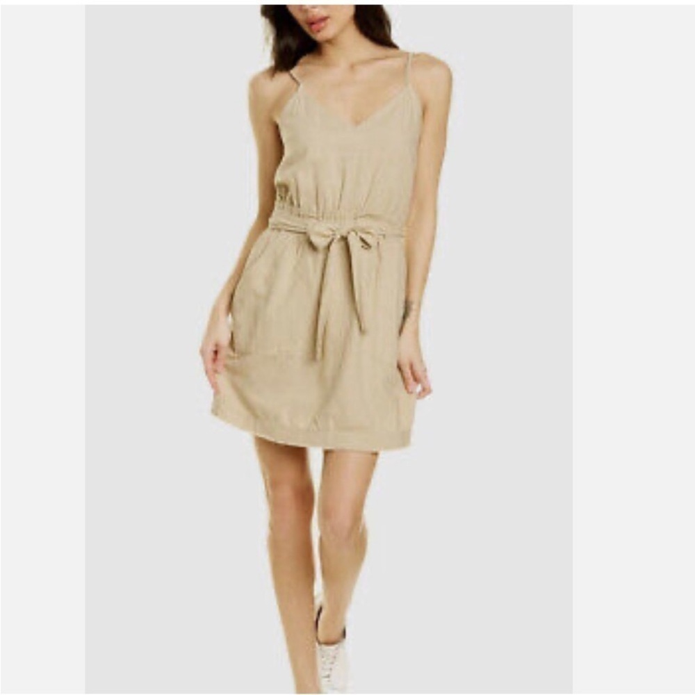Splendid Linen Mini Dress Tan Khaki Spaghetti Straps Belt Tie
